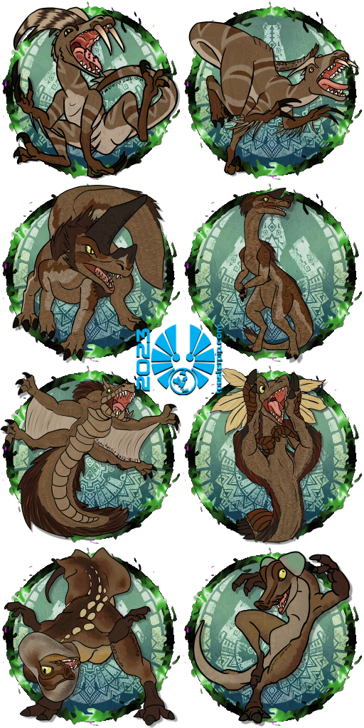 A collection of tabletop tokens depicting forms of Kopio, the changeling druid. These forms are a collection of Monster Hunter creatures. The top row shows a Gendrome and Genprey, the second row depict a Great Baggi and a Baggi, the third row depict a Tobi-Kitachi and Great Maccao, and the bottom row shows a Great Wroggi and a Wroggi. All are rendered in the brown-and-tan colour scheme of Kopio themself.